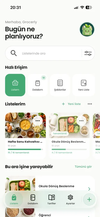 Grocerly alışveriş listeleri ekranı