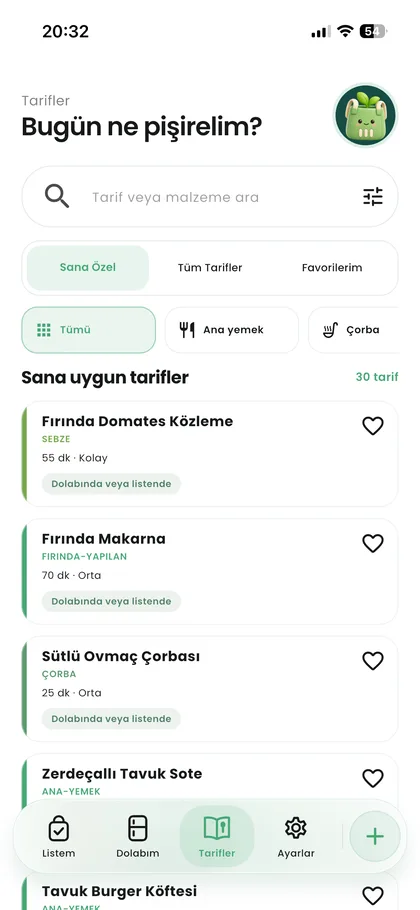 Grocerly kişisel tarif önerileri ekranı